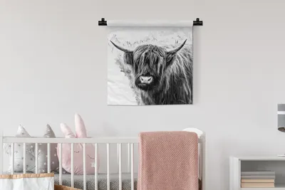 Produktbild von MuchoWow® Wandteppich Wandbehang Schottisches Hochlandrind - Kuh - Weiß 60x60 cm Tapisserie Dekoration Wandtuch - Dekorationen - Wand Decke