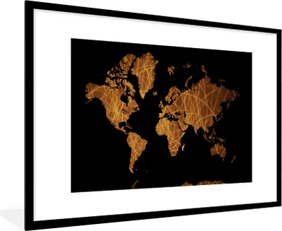 Produktbild von MuchoWow® MuchoWow® Gerahmtes Poster Weltkarte - Schwarz - Gold 90x60 cm - Poster mit zchwarzem Bilderrahmen - Wanddekoration - Fotos