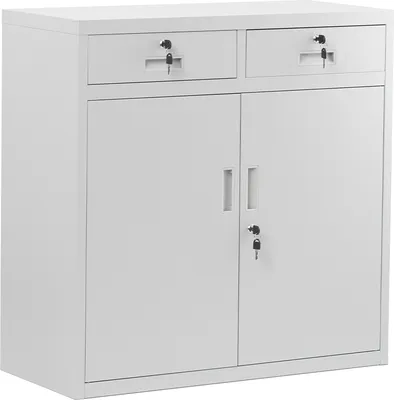 Produktbild von Kleiner Aktenschrank C17B Büroschrank mit 2 Schubladen Flügeltüren Metallschrank Pulverbeschichtet Metall Abschließbar 90 cm x 90 cm x 40 cm Farbe: Grau