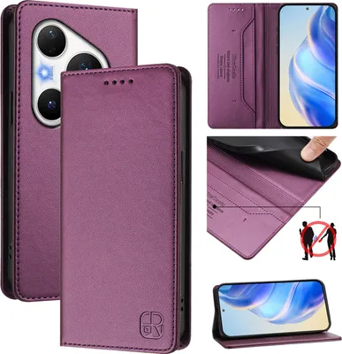 Produktbild von Lederhülle für Huawei Pura 80 Pro Hülle Flip Brieftasche Kartenfächern Ständer Schutzhülle Lila