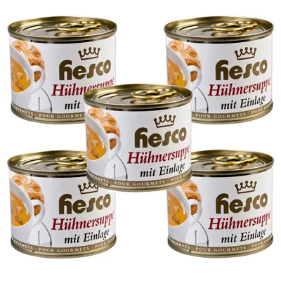 Zdjęcie produktu dla Hesco klarowna zupa z kurczaka z dodatkami Gotowa do spożycia 5 puszek 1060ml