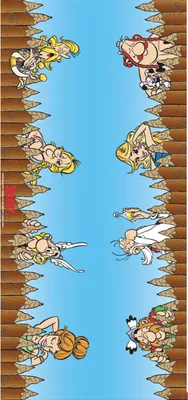 Cartoon characters peeking through torn wooden planks against a blue sky.