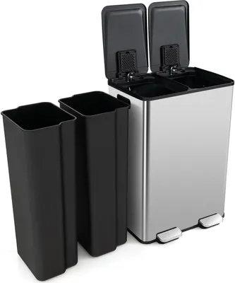 A stainless steel dual-compartment trash can with two black inner bins, shown with the lids open.
