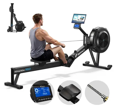 Produktbild von Klappbares Luftwiderstand Rudergerät Merach Bluetooth & LCD, ergonomischer Sitz, verstellbarer Tablet-Halter, bis 158 kg, NovaRow R50 PRO