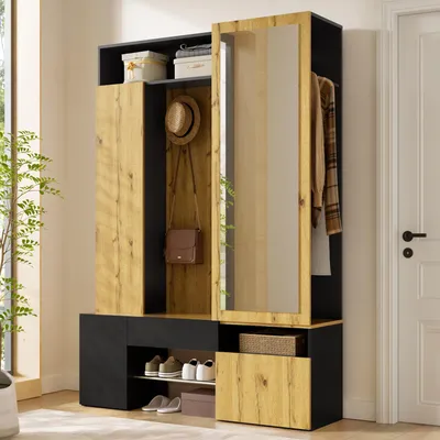 Productafbeelding van STILVORA schoenenkast met kledingroede en haken, garderobekast van MDF met spiegel, kast voor de hal als entreegarderobe
