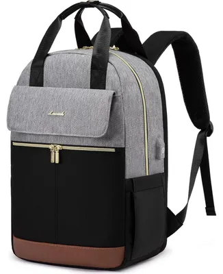 Productafbeelding van Rugzak dames, 15,6 inch laptopvak, USB-oplaadpoort, waterdicht, grijs-zwart-bruin