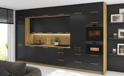 Produktbild von Küchenzeile Bonn Einbauküche 404cm Teilauszug eiche artisan Front schwarz matt