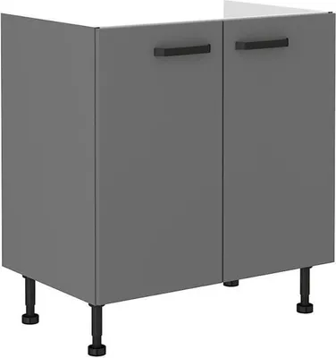 A studio shot of a gray kitchen cabinet with two doors and black handles, standing on black adjustable legs.
