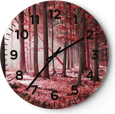 Produktbild von Wanduhr - Rund - Glasuhr - Wald Rot Bäume - 30x30cm - Schleichendes Uhrwerk - Lautlos - zum Aufhängen bereit - Dekoration Modern - Wanddekoration aus Glas - C4AR30x30-4944