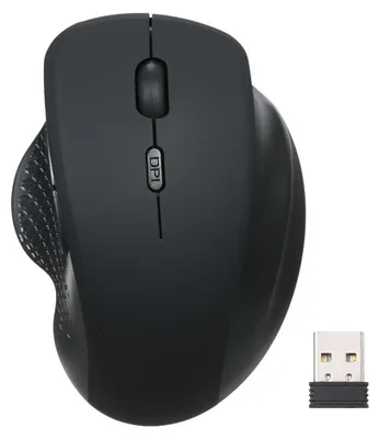 A black wireless vertical mouse and its USB receiver are shown against a white background.