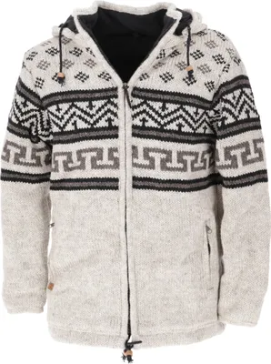 Produktbild von Uni Wolljacke mit Nordischem Muster, Strickjacke Hellgrau/schwarz - Modell 5, Herren, Wolle, Größe: XL