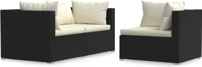 Image de vidaXL Ensemble de salon de jardin 3 pièces avec coussins Noir Poly Rattan