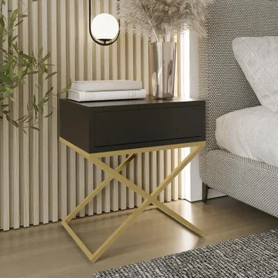 Produktbild von AX LIVING Nachttisch modern Aleio X 45cm, schwarz, goldenes Gestell