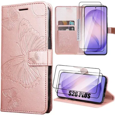 Image de Coque + 2 Verres Trempés pour Samsung Galaxy S26 Plus, Antichoc Anti-Rayures CuirPolyuréthaneRose Motif Papillons