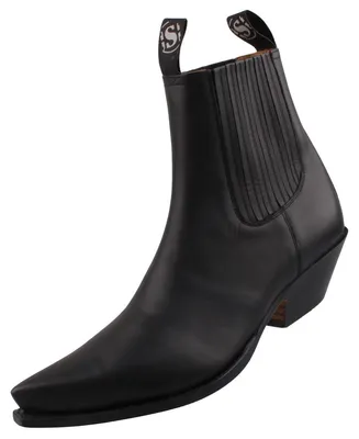 Auf dem Bild ist ein schwarzer Stiefel zu sehen der von der Seite betrachtet wird. Der Stiefel hat eine glatte Oberfläche und eine robuste Sohle.