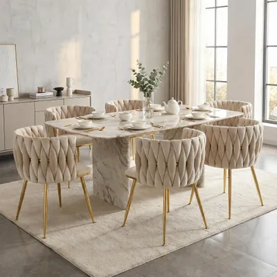 A dining room set with a marble-top table and six upholstered chairs.