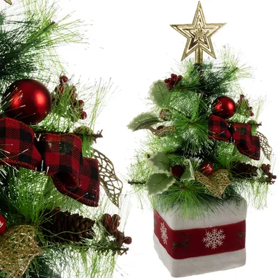 Image de Petit Arbre de Noël Décoré avec Étoile Pointe d'Arbre Baies Rouges Boule de Noël Diamant Artificiel Pin Dense Couvert de Neige Premium 45 cm 22591