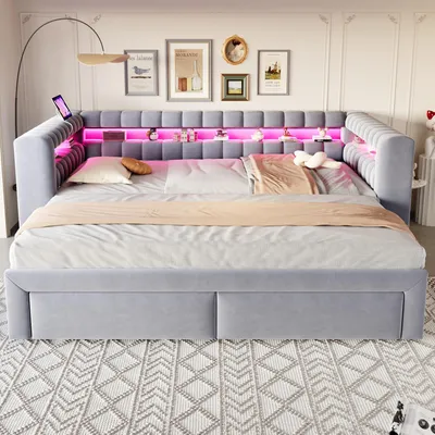 Produktbild von okwish Polsterbett 90/180×190 mit einer Matratze und Ausziehbett,Tagesbett mit Schubladen und LED,Kinderbett USB und Typ-C,Hellgrau