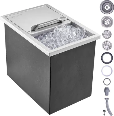Zdjęcie produktu dla wsuwany pojemnik na lód o pojemności 26,7 l, Chłodziarka do lodu ze stali nierdzewnej o wymiarach 456 x 304 x 371 mm, Komercyjny pojemnik na lód z przesuwaną pokrywą, Wbudowany schowek na lód, Rura spustowa i korek spustowy w zestawie