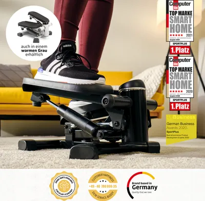 A person is using a black mini stepper in a home setting with furniture in the background. There are several promotional badges and text overlays.