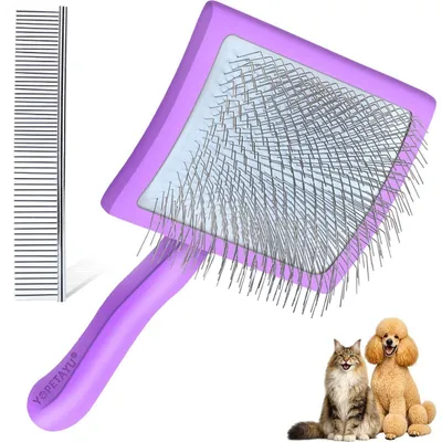 Image de Brosse pour chiens et chats avec manche en bois, poils de 25 mm, couleur violette, incluant un peigne