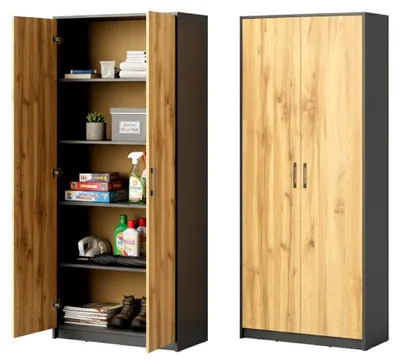 Produktbild von Mehrzweckschrank Aktenschrank Hochschrank mit 5 Fächern und 2 Türen 74x35x180 cm für Büro, Flur, Küche und Hauswirtschaftsraum in graphit/eiche