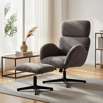 Produktbild von Relaxsessel mit Hocker, drehbarer Akzentstuhl, Schaukelfunktion, verstellbare Kopfstütze, höhenverstellbar, Polyester, Grau | 71 x 70 x 108 cm | 17 kg