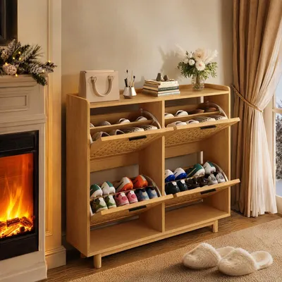 Image de Armoire à chaussures UnboxG, dimensions 100 x 24 cm, modèle étroit avec 4 portes battantes, étagères amovibles et système anti-basculement, aspect rotin
