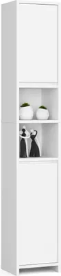 A tall, white storage cabinet with two doors and four shelves, decorated with two small potted plants and two decorative figurines.