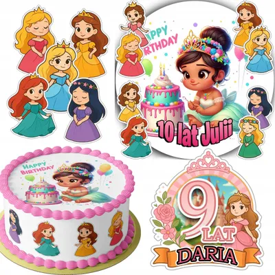Obrázok produktu pre SADA DEKORÁCIÍ NA TORTU: 20 cm + 16 postavičiek – princezná + meno (15 cm, 18 cm)