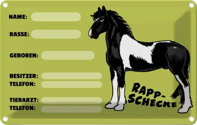 Produktbild von vianmo Blechschild 12x18 cm Pferd Rappschecke Name Besitzer Rasse Tier Haustier