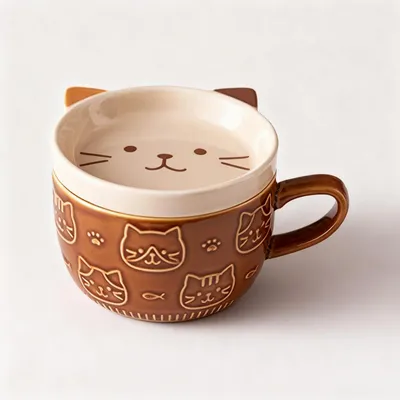 Katzenbecher mit Deckel, Keramik, 300 ml, braun