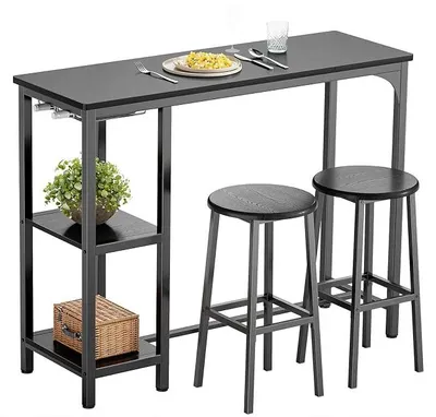 Produktbild von Bartisch mit Barhocker-Set, Kneipentisch-Set mit 2 Ablagen und Glashalter, Küchen-Bartisch-Set für Küche, Wohnzimmer, Esszimmer (Schwarz)