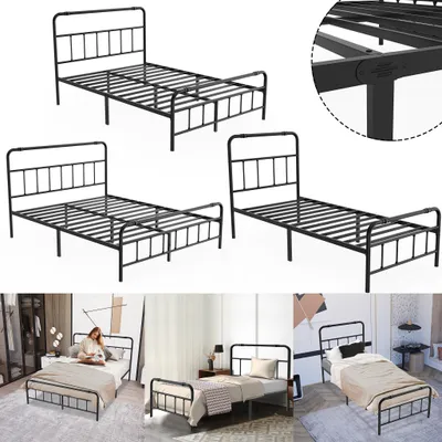 Collage of metal bed frames and lifestyle shots of beds in bedrooms.