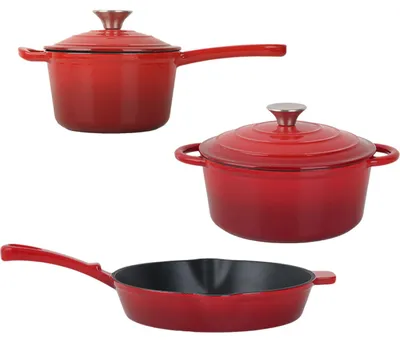 Produktbild von Profi Gusseisen Topfset 3-teilig, Set aus Pfanne, Kochtopf und Stielkasserolle, Emailliertes Kochgeschirr für alle Herdarten, Induktion & Backofen