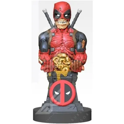 A zombie-themed Deadpool figurine bust on a display stand.