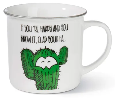 Porzellanbecher 'If you're happy' mit Cactus, 400 ml