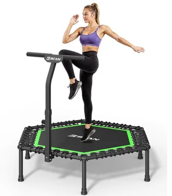 Produktbild von Fitness Trampolin Indoor Ø 122/130 cm, bis 250 kg, verstellbarer T-Griff, 42 Gummiseile, leise, vibrationsarm Grün