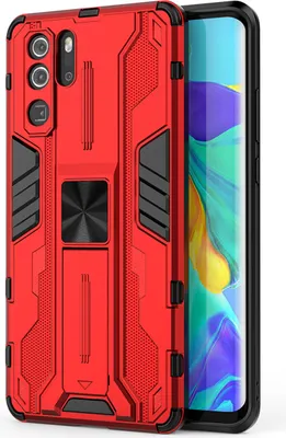 Produktbild von Huawei P30 Pro Hülle, Dual Layer PC TPU Bumper Stoßfest Ständer Schutzhülle für Huawei P30 Pro Rot
