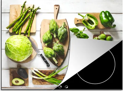 Produktbild von KitchenYeah© Herdabdeckplatte Grünes Gemüse auf einem Schneidebrett , 58x51cm, Küche Deko, Glaskeramikkochfeld Herdabdeckung, Abdeckplatte fùr Kochfeld