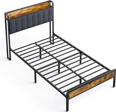 Produktbild von Bealife BF25 Twin Bed, Standard-Plattform-Bettgestell, 220,5 x 120 x111 cm, Metall-Bettgestell mit verstaubarem Kopfteil, stabil -Dunkel Grau