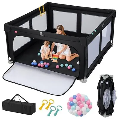 Imagen del producto de Corralito para bebé de 150 x 150 cm, plegable, con 50 bolas, 4 agarraderas y puerta con cremallera. Incluye red transpirable, estructura para gatear y bolsa de transporte. Valla para bebés, apta para uso en interiores y exteriores ()