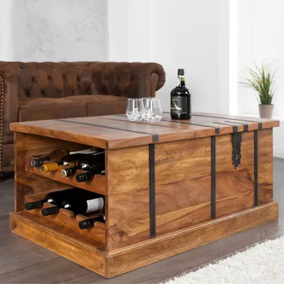 Produktbild von riess-ambiente Massivholz Couchtisch BODEGA 100cm Sheesham stone finish Hausbar Truhe mit Stauraum Weinregal Beistelltisch Tisch