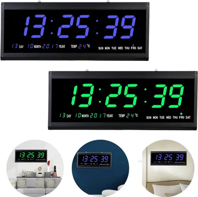 Image de Horloge murale LED pour seniors Horloge électronique radiocommandée Horloge éclairée Thermomètre de salon Calendrier Date Cadeau Créatif (Vert)