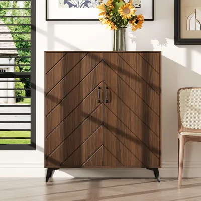 Produktbild von Sideboard mit Verstellbare Regalböden, Aufbewahrungsschrank mit Geometrisches Türdesign und Beine, Braun, MDF, 100 × 38,1 × 123,2 cm