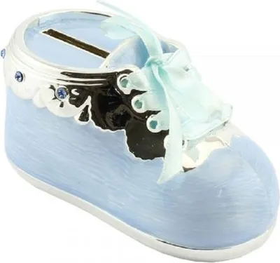 Produktbild von Lesser & Pavey Spardose Sparbüchse Babyschuh versilbert mit Emaille - blau
