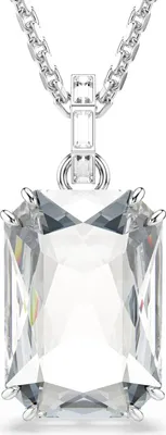 A close-up studio shot of a silver necklace with a large, clear octagonal-cut pendant.