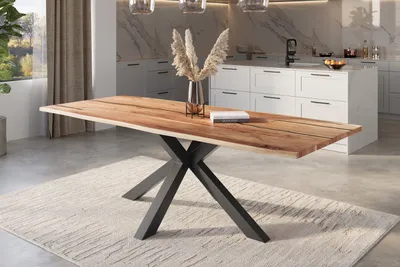 Produktbild von Refurbished Möbelretoure Baumkantentisch Akazie natur mit schwarzen Resin-Adern 280 x 100 cm Spider-Gestell schwarz POLLY