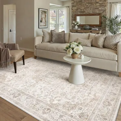 Image de Tapis vintage, beige, 160 x 230 cm, à poils courts, avec envers antidérapant, idéal pour le salon