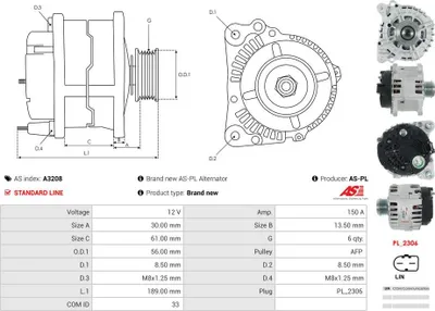 Produktbild von AS-PL A3208 Lichtmaschine Generator LiMa 150A 12V für AUDI A4 Avant (8K5, B8) Q5 (8RB) A5 Sportback (8TA) A4 Limousine (8K2, B8) A5 Coupe (8T3)